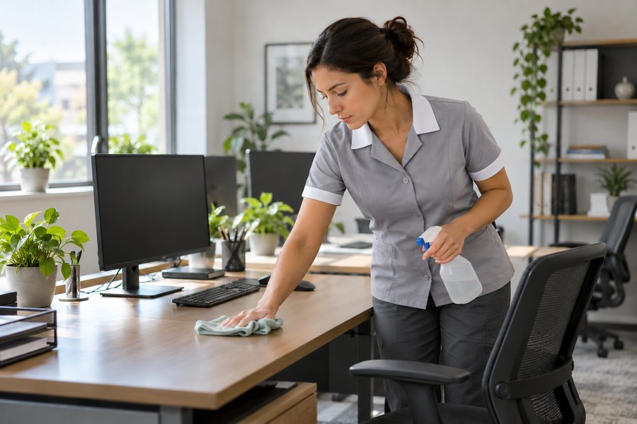 AI-generated demonstration of a professional cleaner wiping an office desk