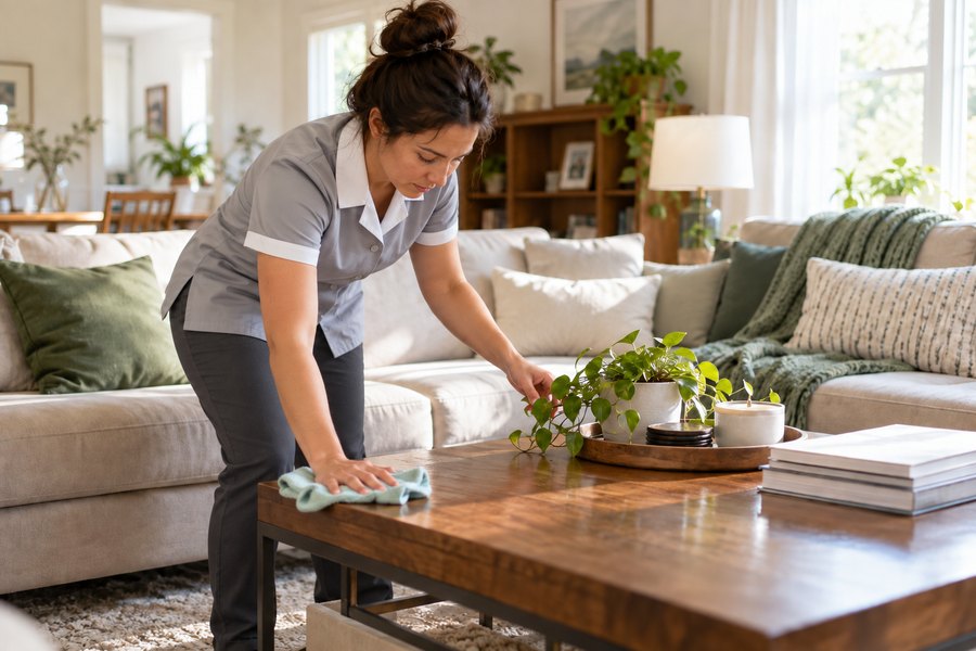 AI-generated demonstration of a professional cleaner caring for a living room